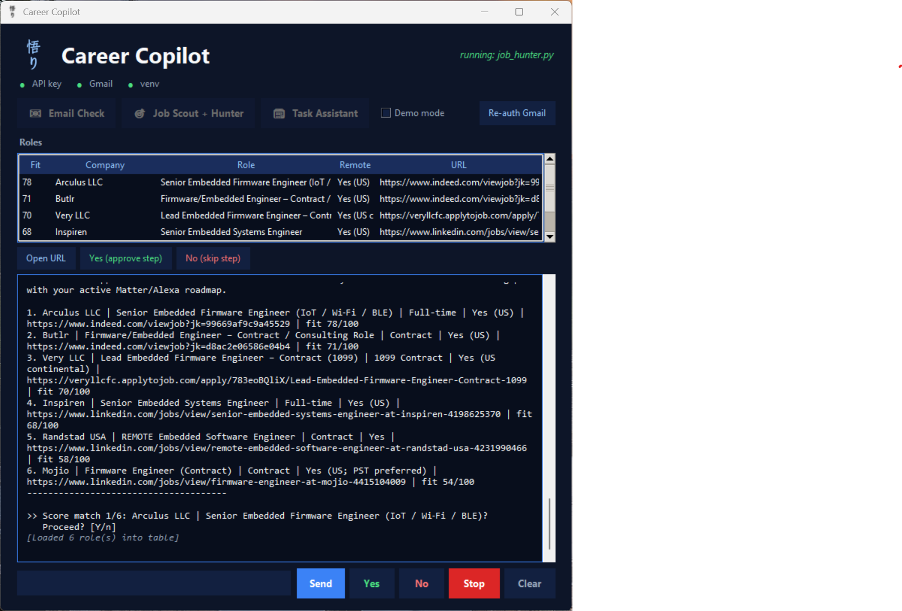 Career Copilot — roles table, Job Scout + Hunter, and yes/no approval step