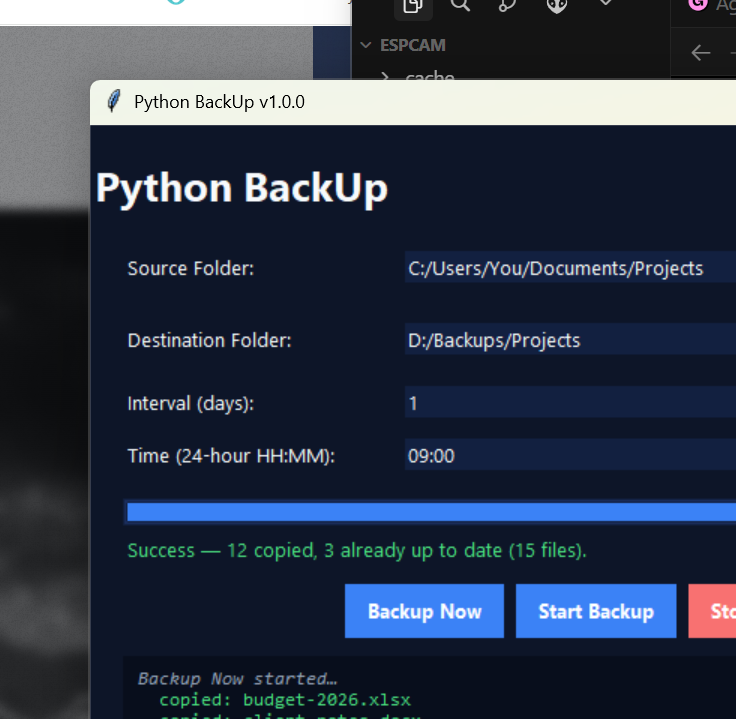Python BackUp desktop app showing a completed folder backup with live log output