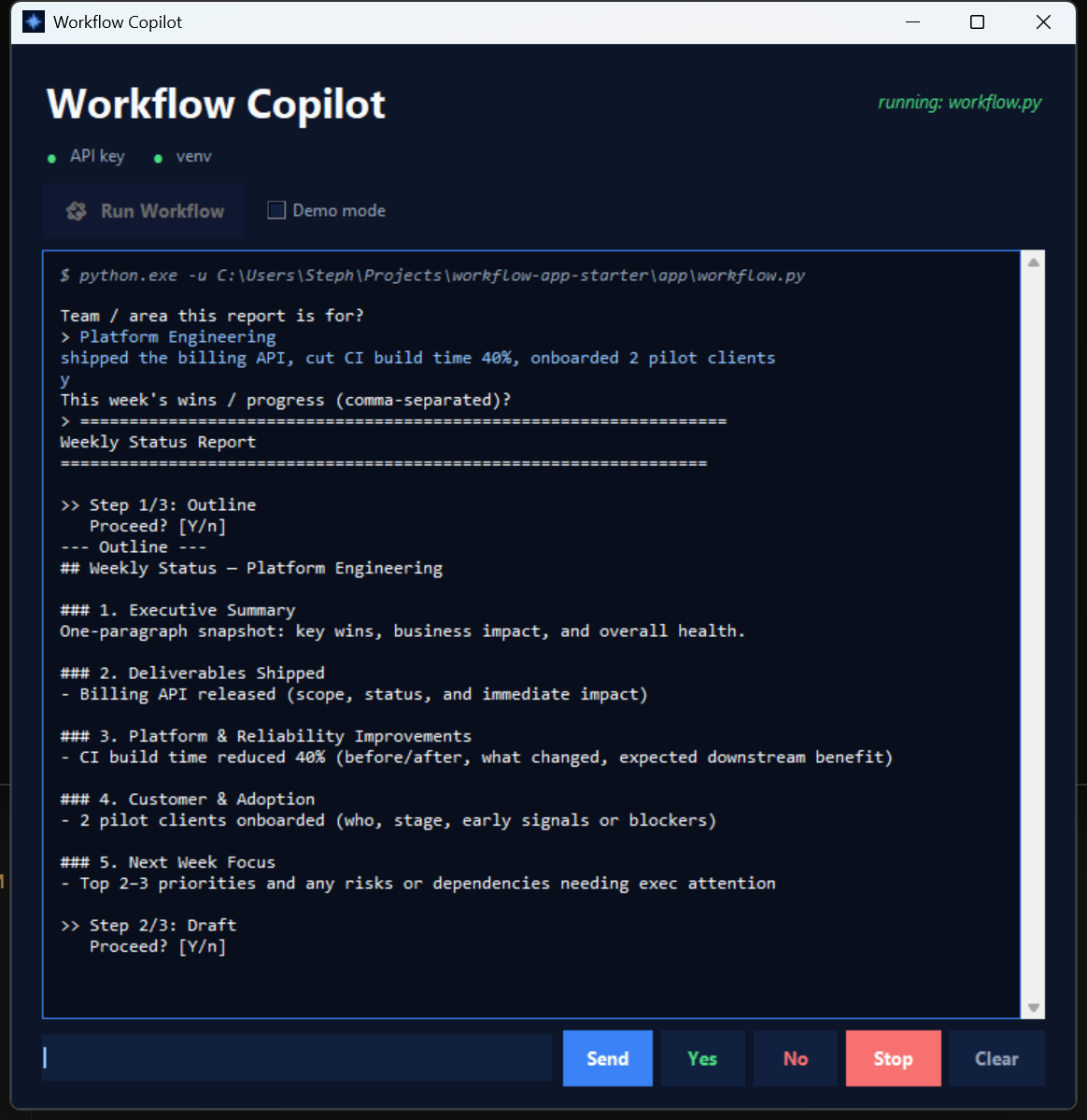 Workflow Copilot launcher running a report workflow